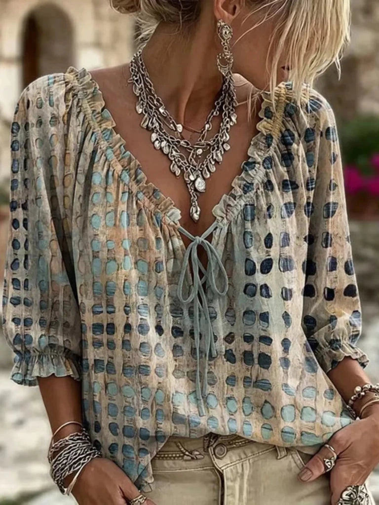 Tie-neck three-quarter sleeve blouse