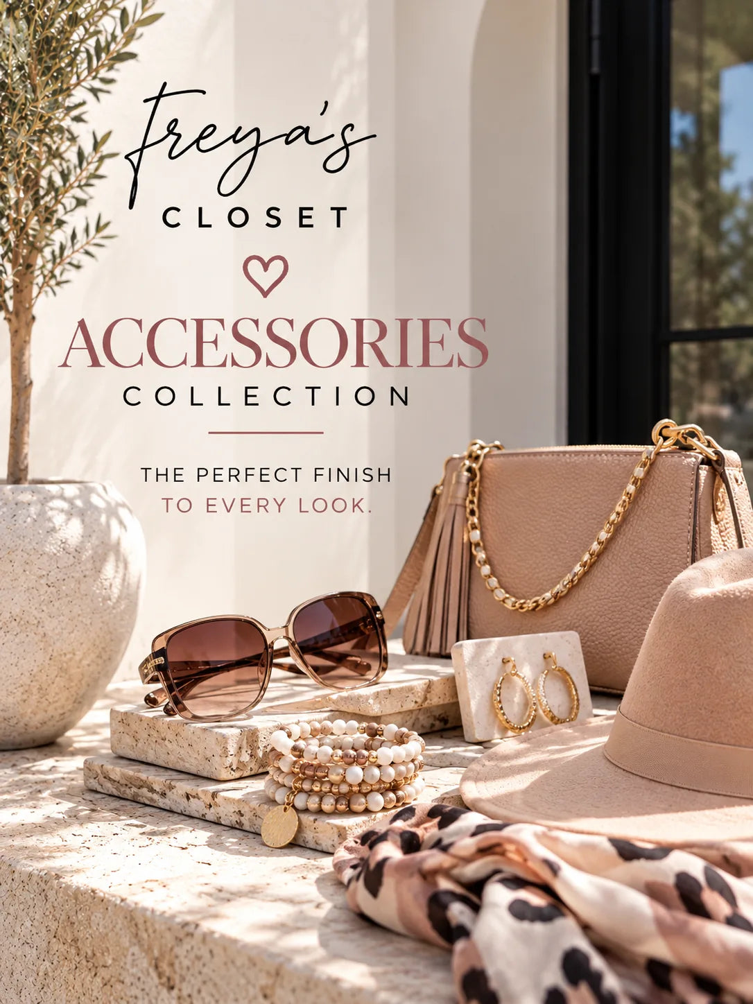 Freya's Closet accessories collection with handbag, sunglasses and jewelry