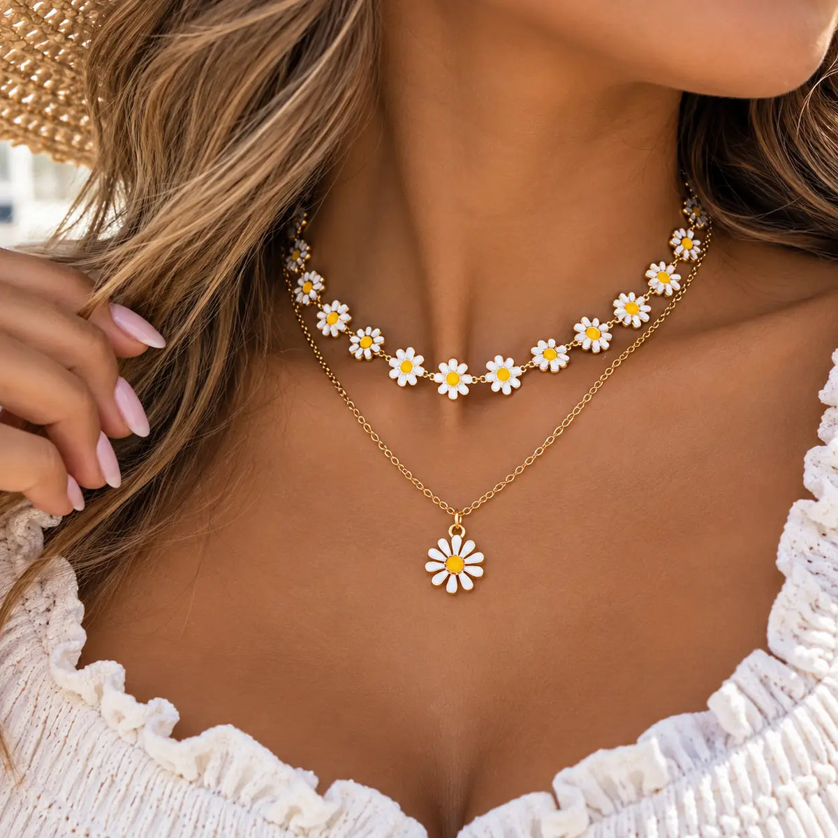 2 Piece 18K Gold-Plated Daisy Necklace worn in a natural lifestyle setting
