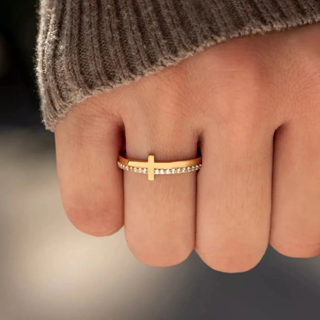 Gold 925 sterling silver cross ring, front view