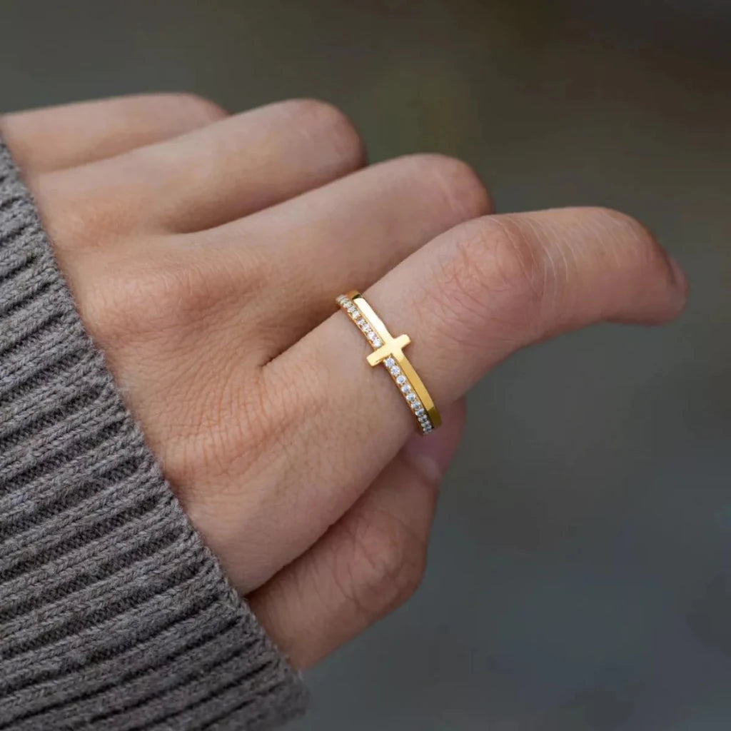 Gold 925 sterling silver cross ring, alternate view