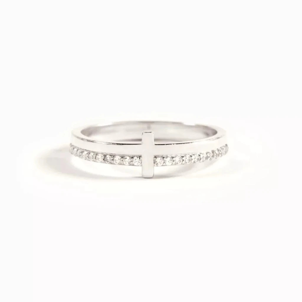 Silver 925 sterling silver cross ring, front view
