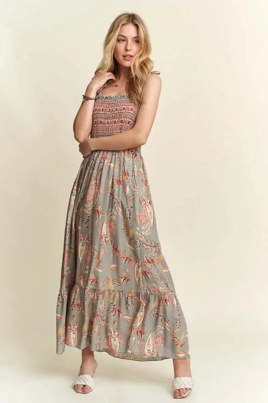 Trendsi Dresses ADORA Smocked Printed Square Neck Tie Shoulder Cami Dress ADORA Smocked Printed Square Neck Tie Shoulder Cami Dress