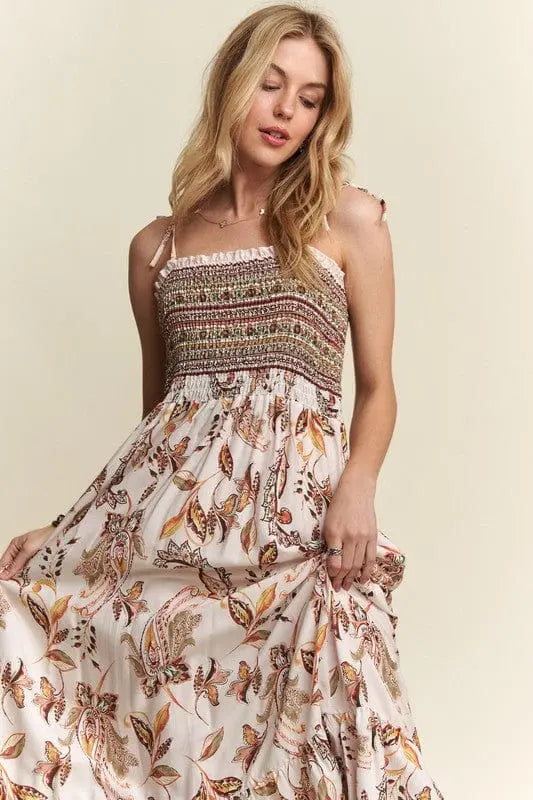 Trendsi Dresses Ivory / S ADORA Smocked Printed Square Neck Tie Shoulder Cami Dress ADORA Smocked Printed Square Neck Tie Shoulder Cami Dress