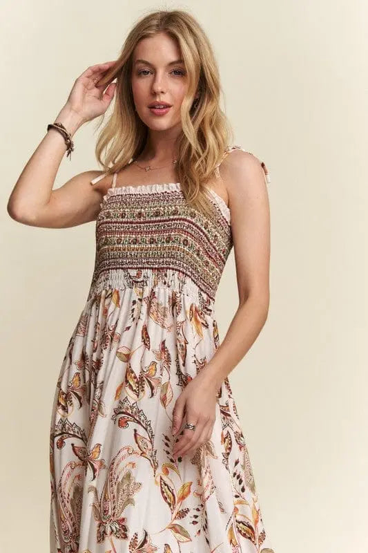 Trendsi Dresses ADORA Smocked Printed Square Neck Tie Shoulder Cami Dress ADORA Smocked Printed Square Neck Tie Shoulder Cami Dress
