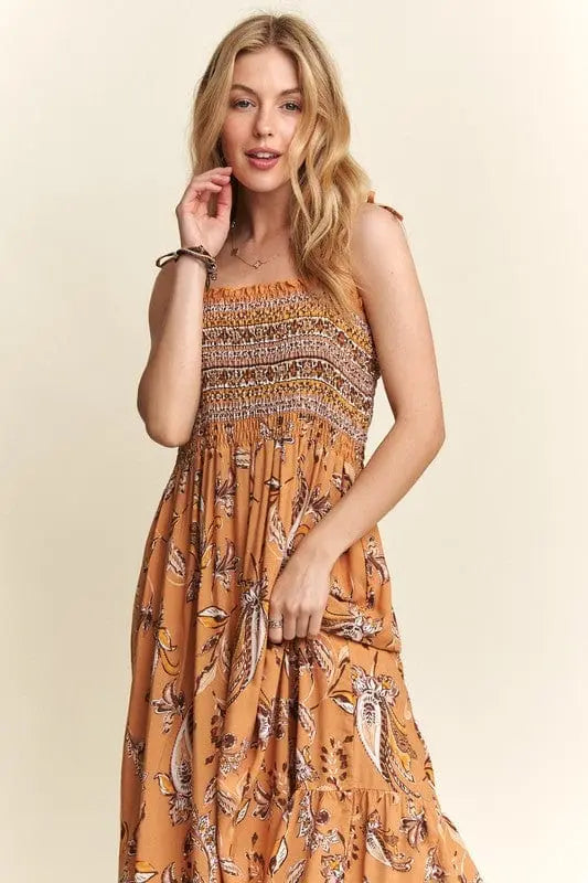 Trendsi Dresses Mustard / S ADORA Smocked Printed Square Neck Tie Shoulder Cami Dress ADORA Smocked Printed Square Neck Tie Shoulder Cami Dress