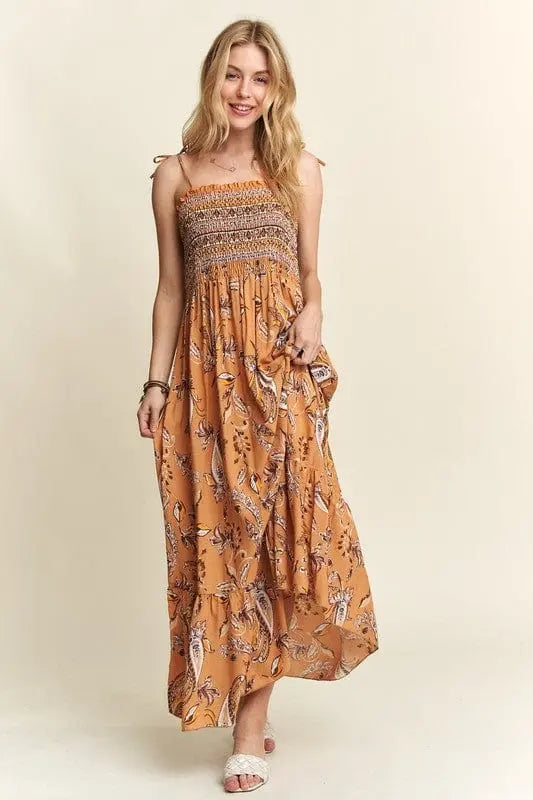 Trendsi Dresses ADORA Smocked Printed Square Neck Tie Shoulder Cami Dress ADORA Smocked Printed Square Neck Tie Shoulder Cami Dress
