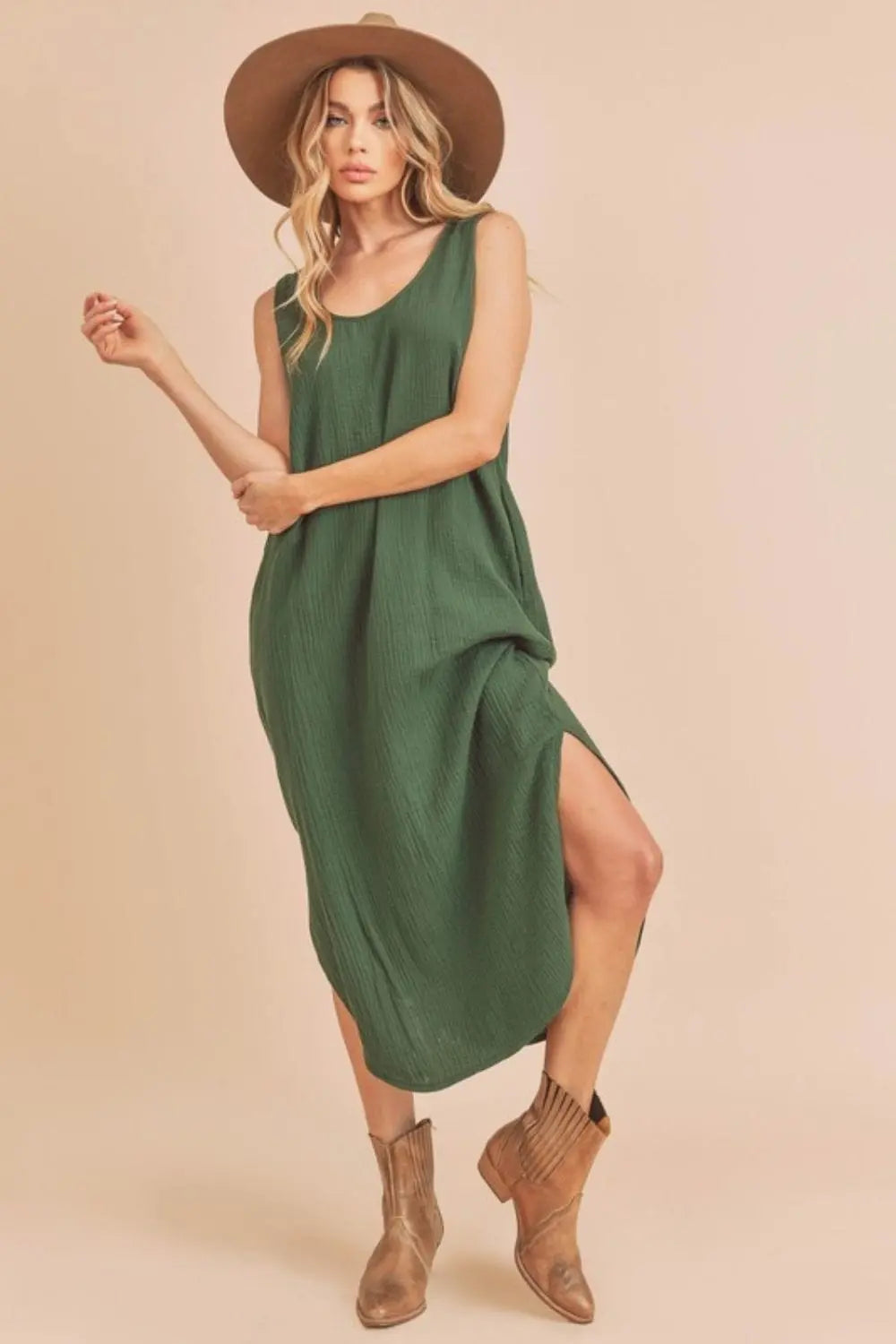Trendsi Dress Dark Green / S Aemi + Co Round Neck Midi Tank Dress with Pockets Aemi + Co Round Neck Midi Tank Dress with Pockets