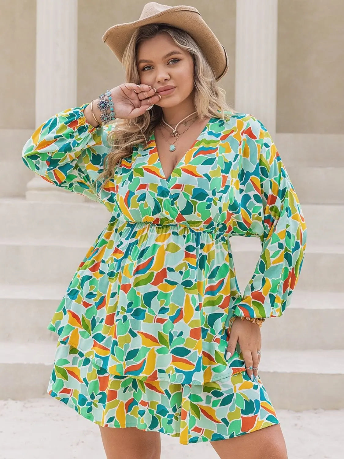 Trendsi Dresses Plus Size Printed Surplice Long Sleeve Mini Dress Plus Size Printed Surplice Long Sleeve Mini Dress
