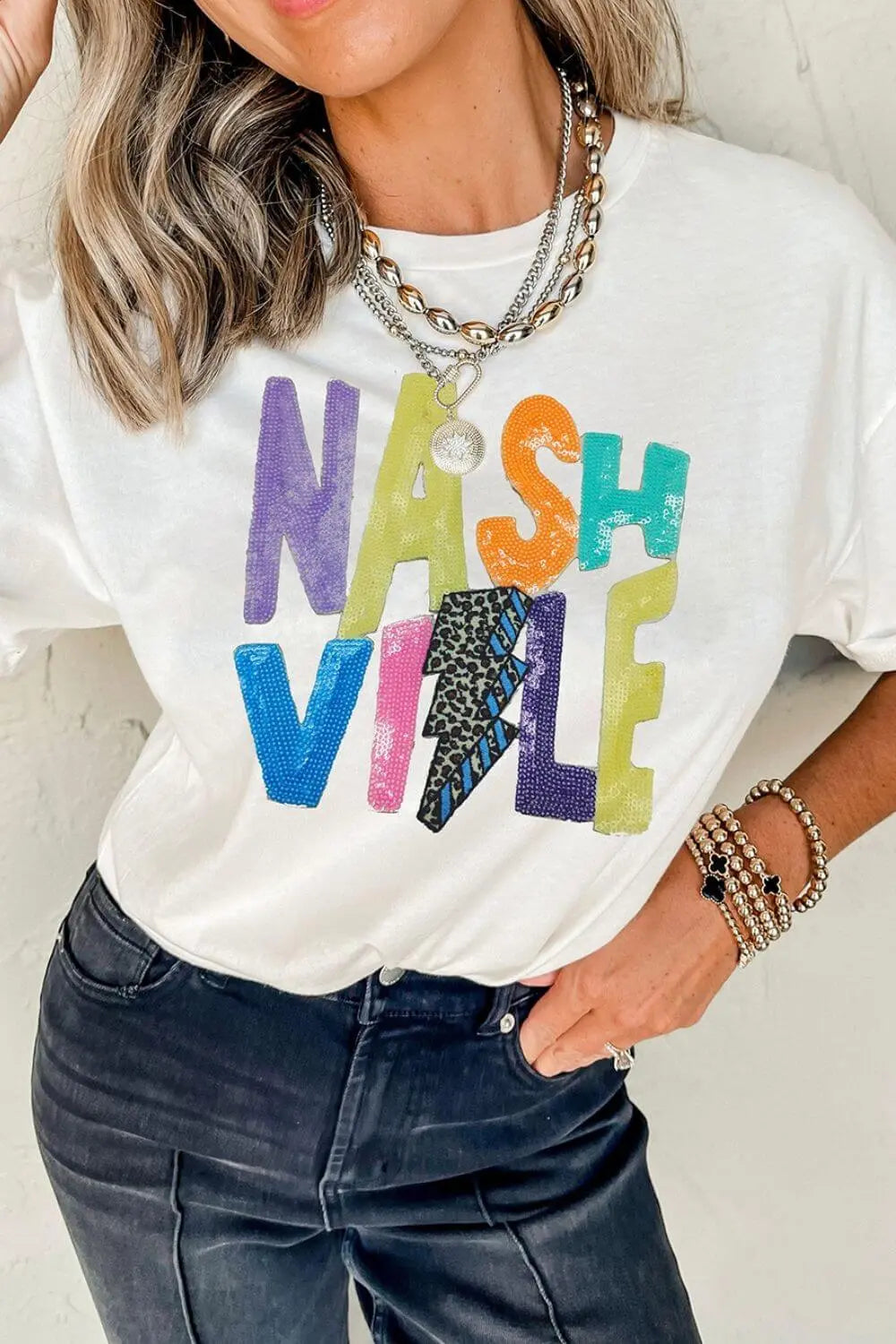 Trendsi Shorts White / S Lightening NASHVILLE Sequin Round Neck T-Shirt Lightening NASHVILLE Sequin Round Neck T-Shirt