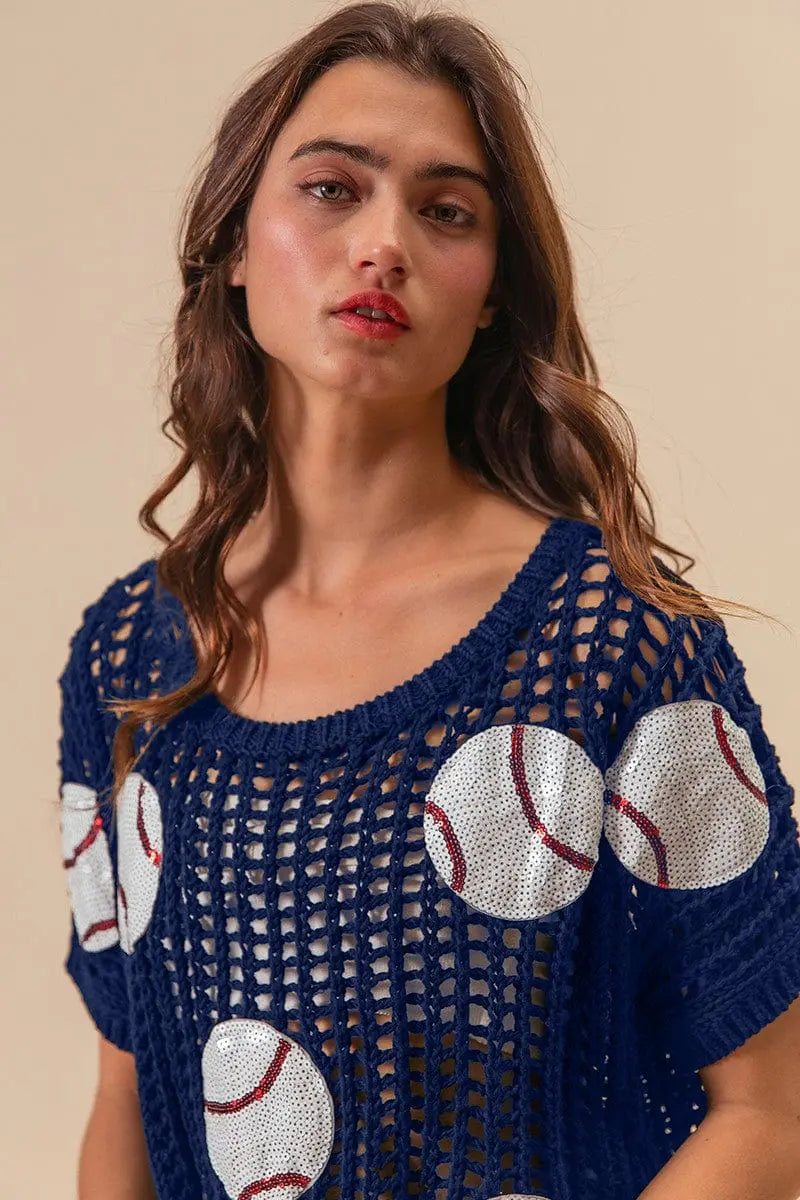 Trendsi Shirts and Blouse BiBi Baseball Patch Short Sleeve Net Cover-Up BiBi Baseball Patch Short Sleeve Net Cover-Up