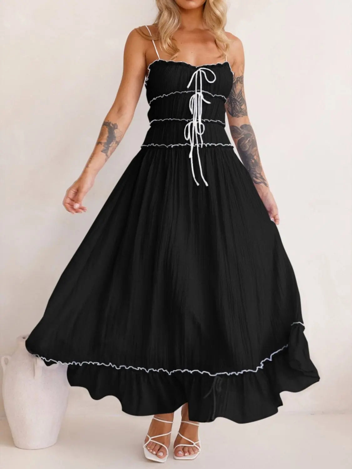 Trendsi Dresses Black / S Devine Frill Ruffled Hem Midi Cami Dress Devine Frill Ruffled Hem Midi Cami Dress