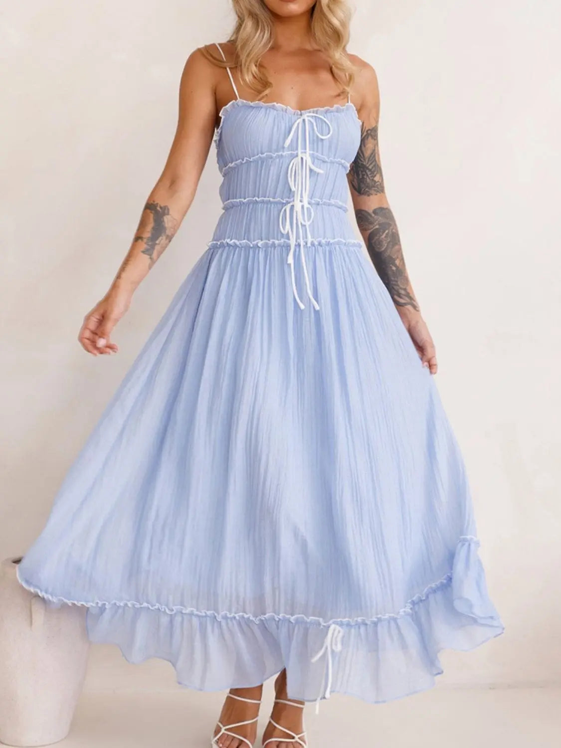 Trendsi Dresses Light Blue / S Devine Frill Ruffled Hem Midi Cami Dress Devine Frill Ruffled Hem Midi Cami Dress