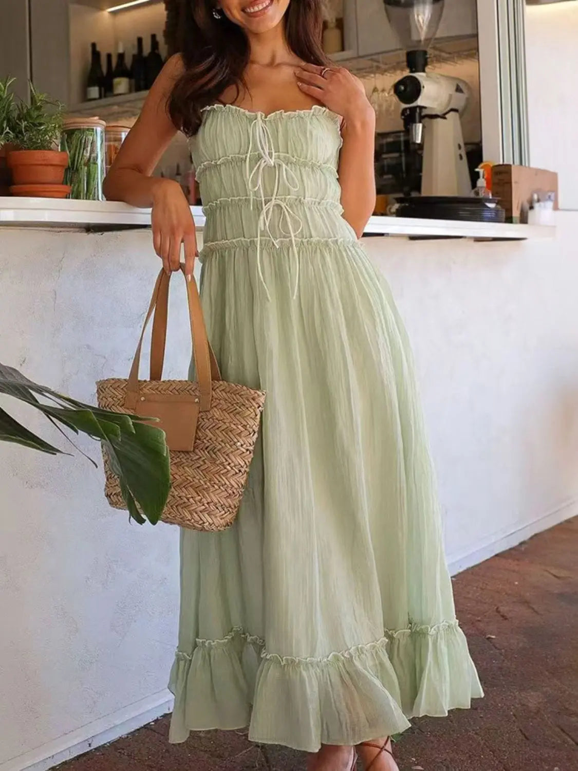 Trendsi Dresses Light Green / S Devine Frill Ruffled Hem Midi Cami Dress Devine Frill Ruffled Hem Midi Cami Dress