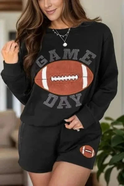 Women's black Game Day two-piece lounge set with football graphic – Freya's Closet