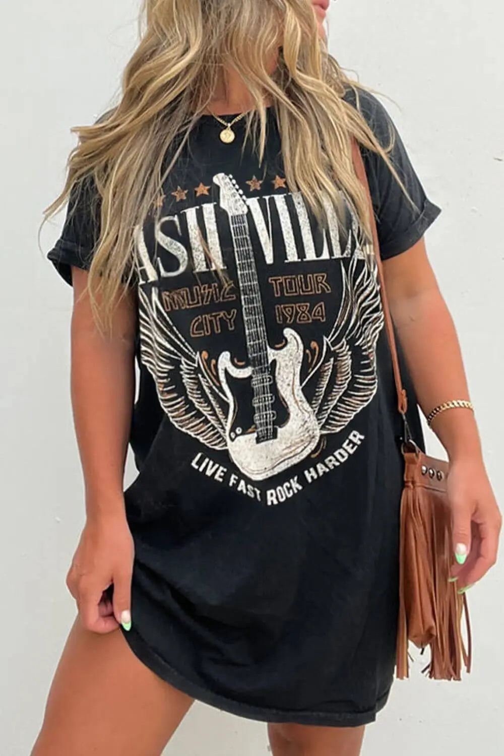 Trendsi Dresses Black / S Graphic Round Neck Short Sleeve Tee Dress Graphic Round Neck Short Sleeve Tee Dress