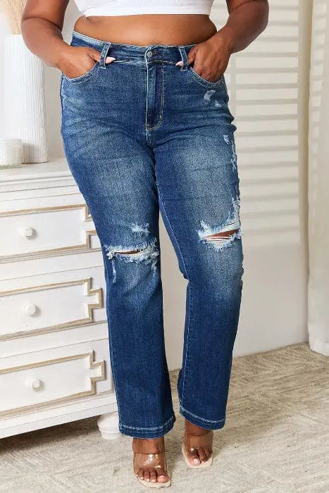 Trendsi Jeans Dark / 1(25) Judy Blue Full Size Mid Rise Hand Sand & Destroy Bootcut Jeans Judy Blue Mid Rise Distressed Bootcut Jeans