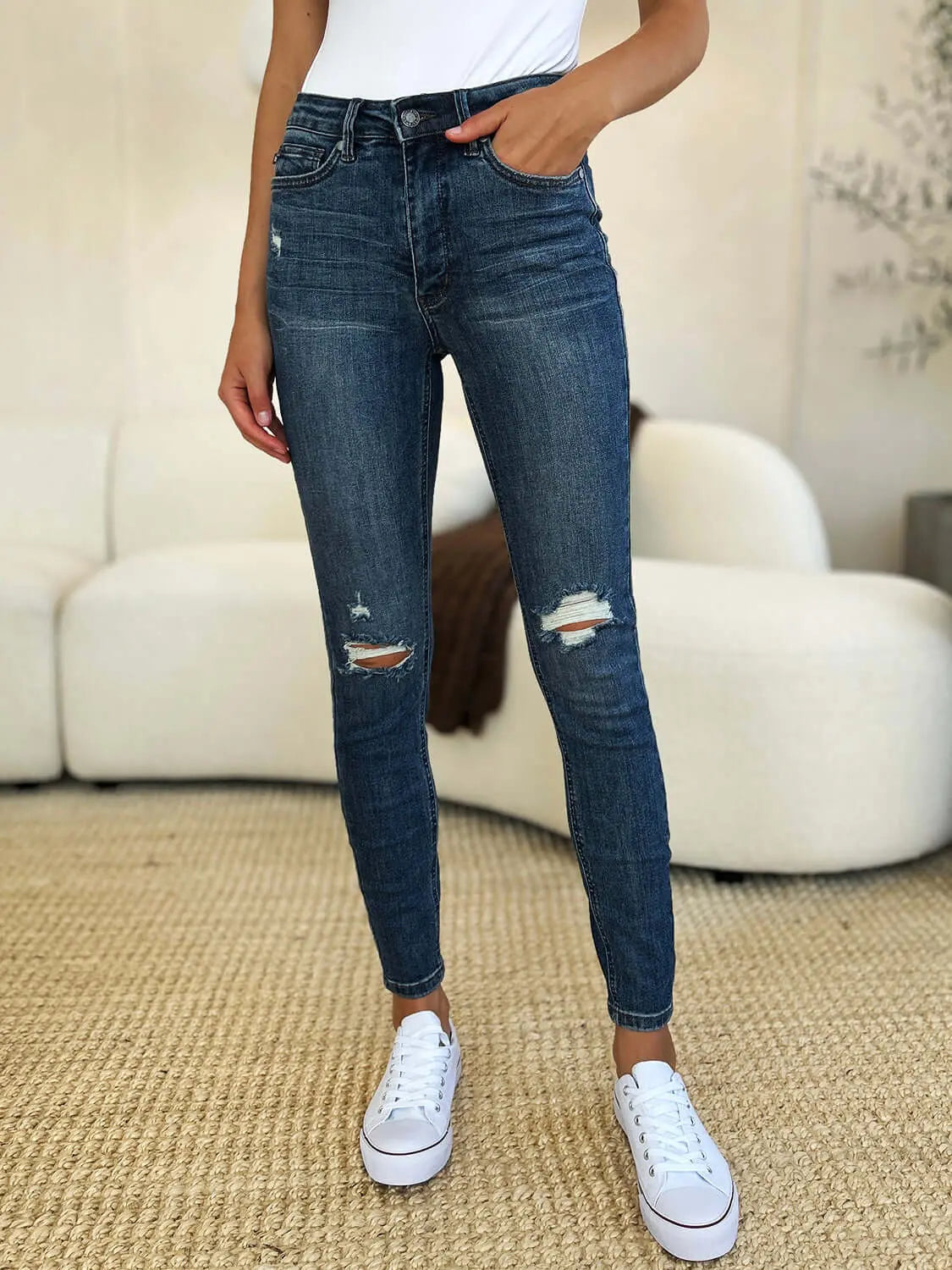 Trendsi Jeans Judy Blue Full Size Mid Waist Distressed Slim Jeans Judy Blue Full Size Mid Waist Distressed Slim Jeans