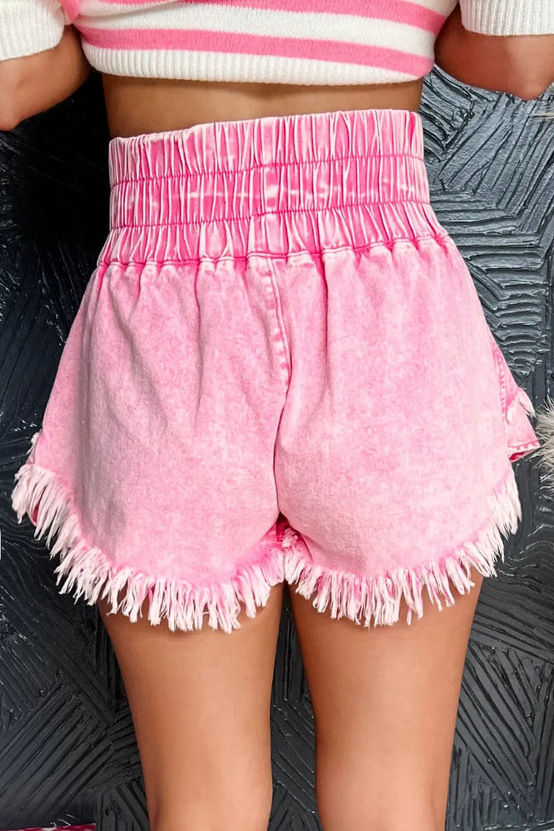 Trendsi Shorts Washed Wide Smocked Waistband Frayed Denim Shorts Washed Wide Smocked Waistband Frayed Denim Shorts