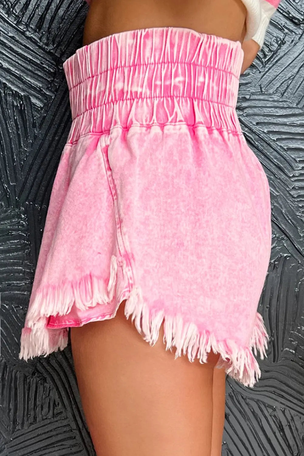 Trendsi Shorts Washed Wide Smocked Waistband Frayed Denim Shorts Washed Wide Smocked Waistband Frayed Denim Shorts