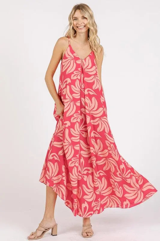 Trendsi Dresses Strawberry/red / S Mittoshop Printed V-Neck Maxi Cami Dress with Pockets Mittoshop Printed V-Neck Maxi Cami Dress with Pockets
