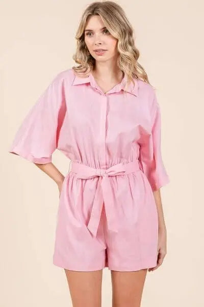 Trendsi Jumpsuits Pink / S Mittoshop Tie Waist Half Sleeve Romper Mittoshop Tie Waist Half Sleeve Romper