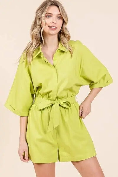 Trendsi Jumpsuits Lime / S Mittoshop Tie Waist Half Sleeve Romper Mittoshop Tie Waist Half Sleeve Romper