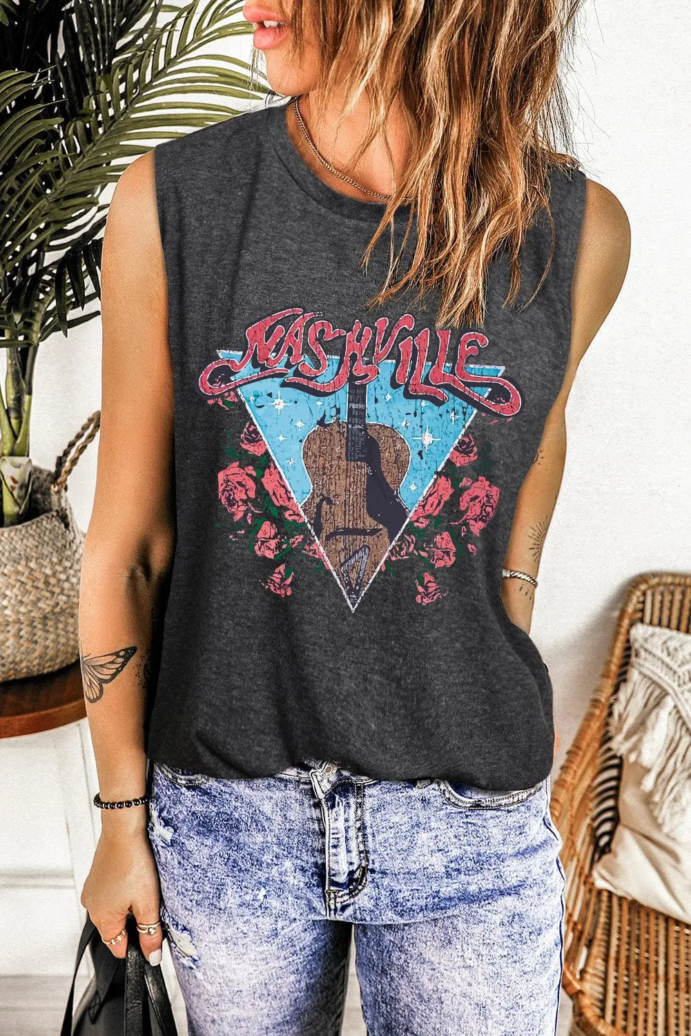 Trendsi Shirts and Blouse Dark Gray / S NASHVILLE Graphic Round Neck Tank NASHVILLE Graphic Round Neck Tank