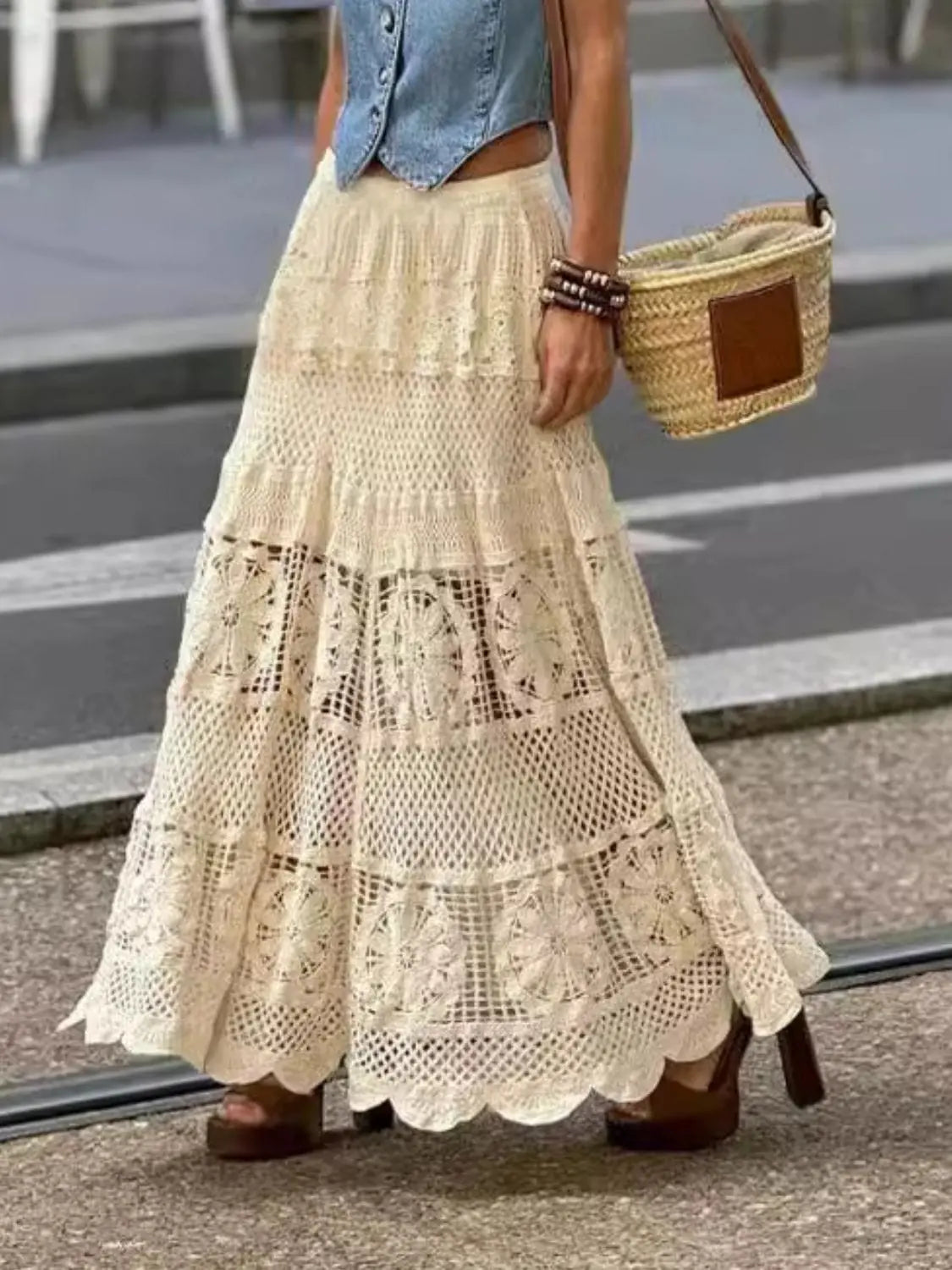 Trendsi Skirts Tan / One Size Openwork Crochet Maxi Skirt Openwork Crochet Maxi Skirt