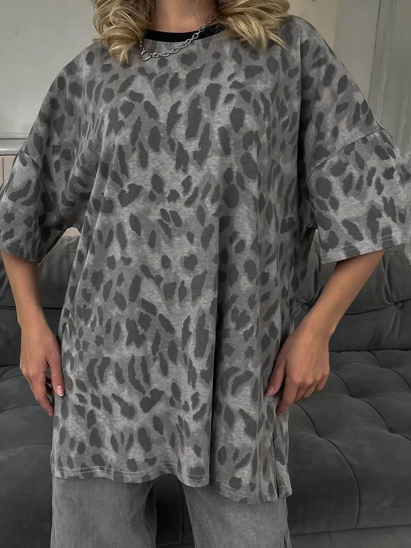 Trendsi Shirts and Blouse Leopard Round Neck Drop Shoulder T-Shirt Leopard Round Neck Drop Shoulder T-Shirt
