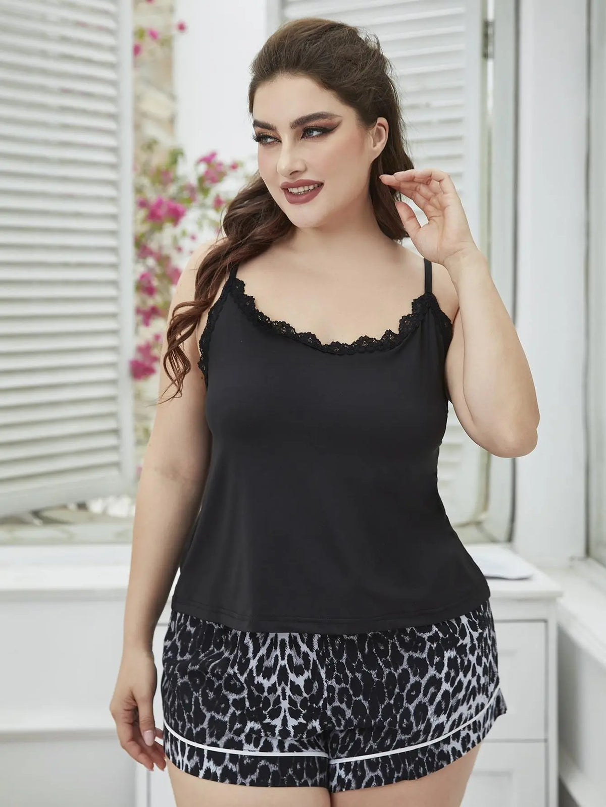 Trendsi Set Plus Size Lace Trim Scoop Neck Cami and Printed Shorts Pajama Set Plus Size Lace Trim Scoop Neck Cami and Printed Shorts Pajama Set