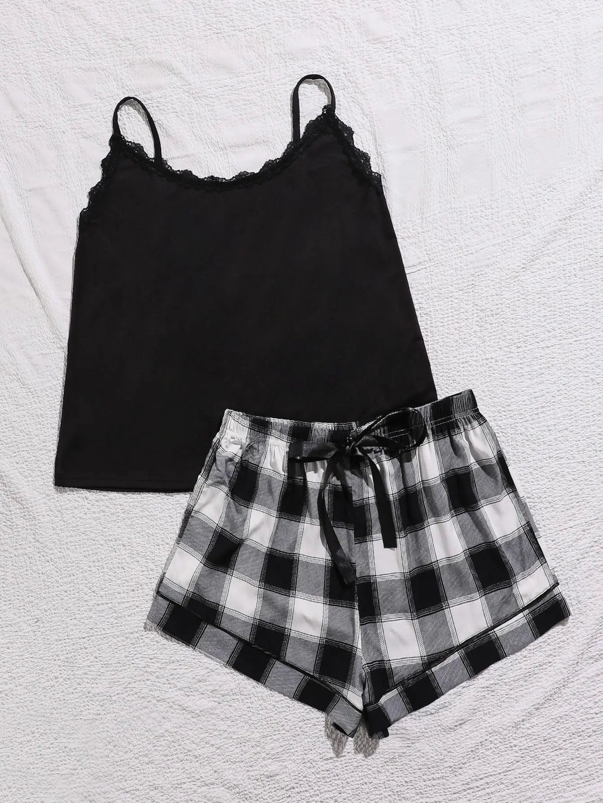 Trendsi Set Black Plaid / 1XL Plus Size Lace Trim Scoop Neck Cami and Printed Shorts Pajama Set Plus Size Lace Trim Scoop Neck Cami and Printed Shorts Pajama Set