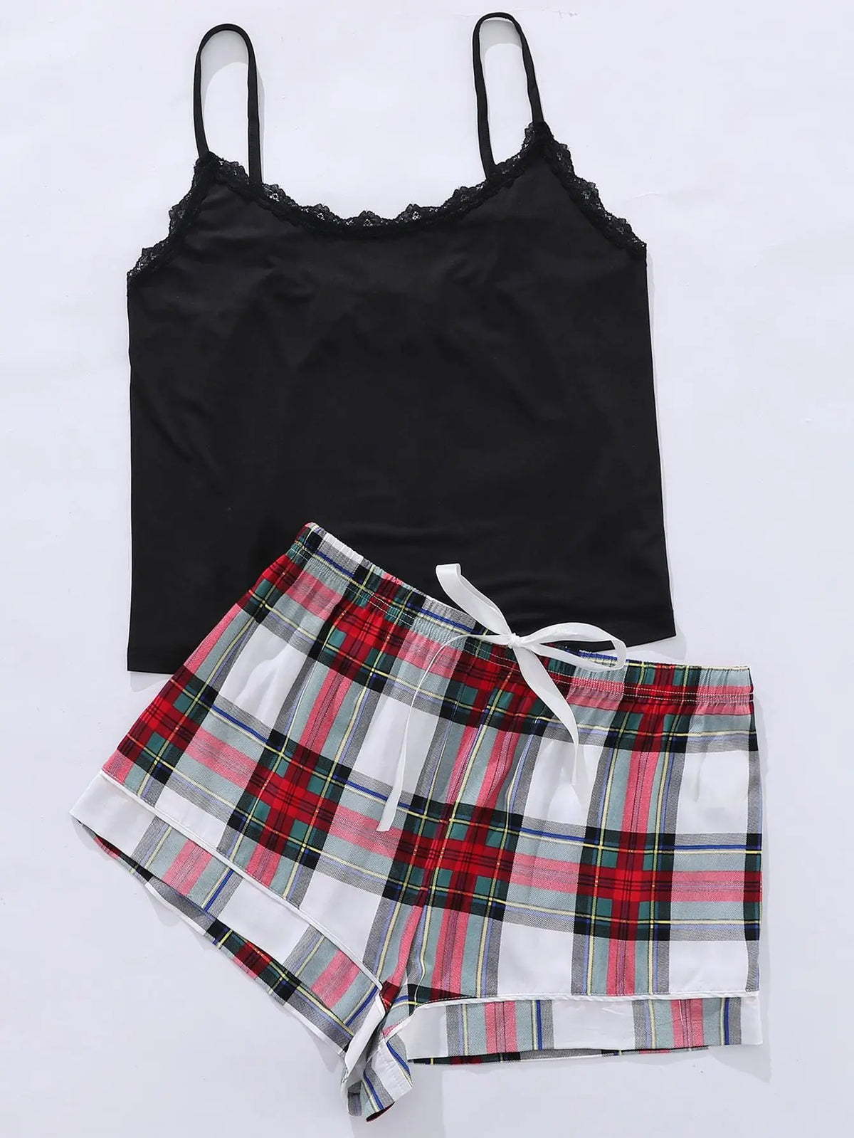Trendsi Set Red Plaid / 1XL Plus Size Lace Trim Scoop Neck Cami and Printed Shorts Pajama Set Plus Size Lace Trim Scoop Neck Cami and Printed Shorts Pajama Set