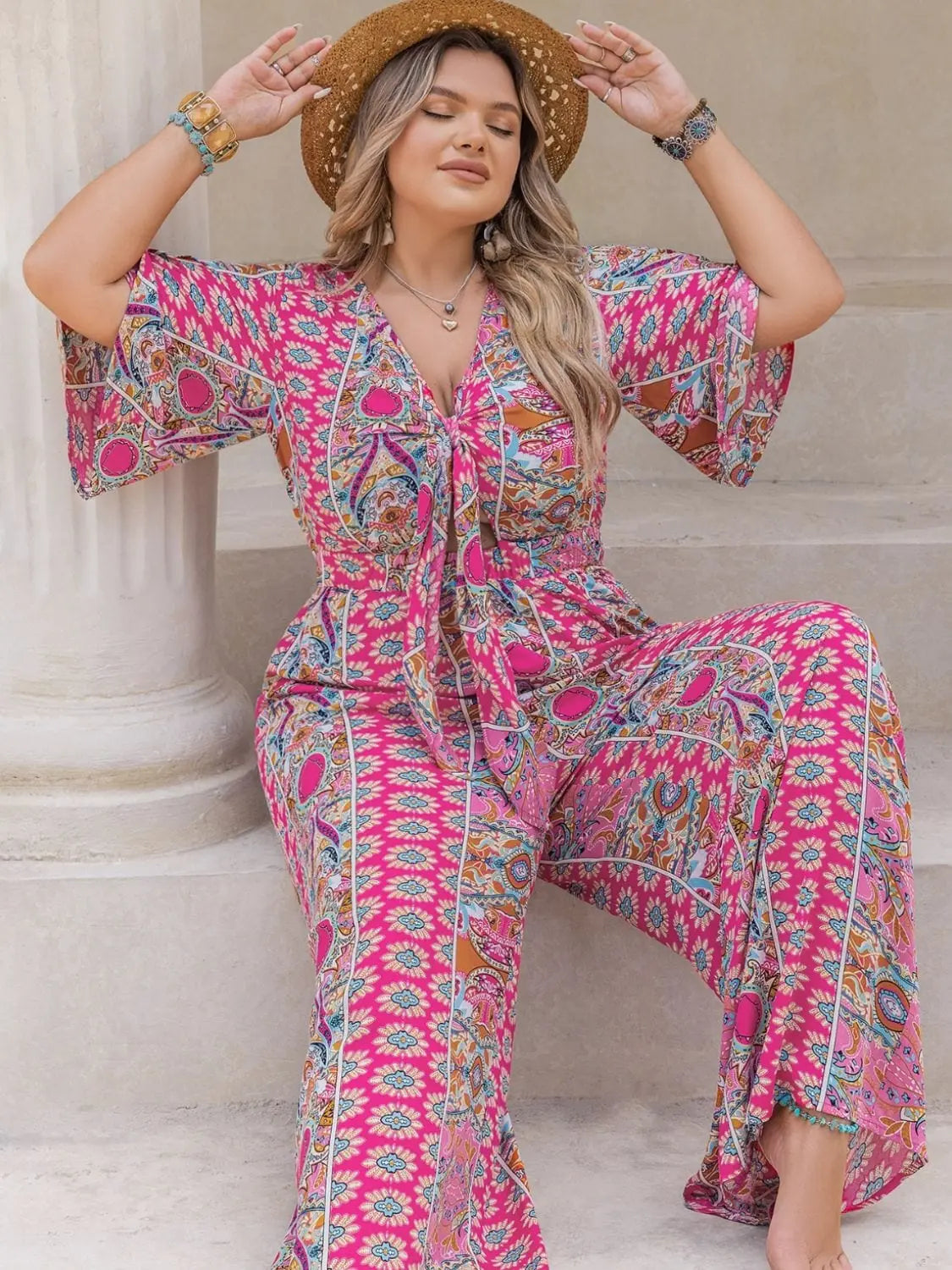 Trendsi Jumpsuits Plus Size Printed Half Sleeve Wide Leg Jumpsuit Plus Size Printed Half Sleeve Wide Leg Jumpsuit
