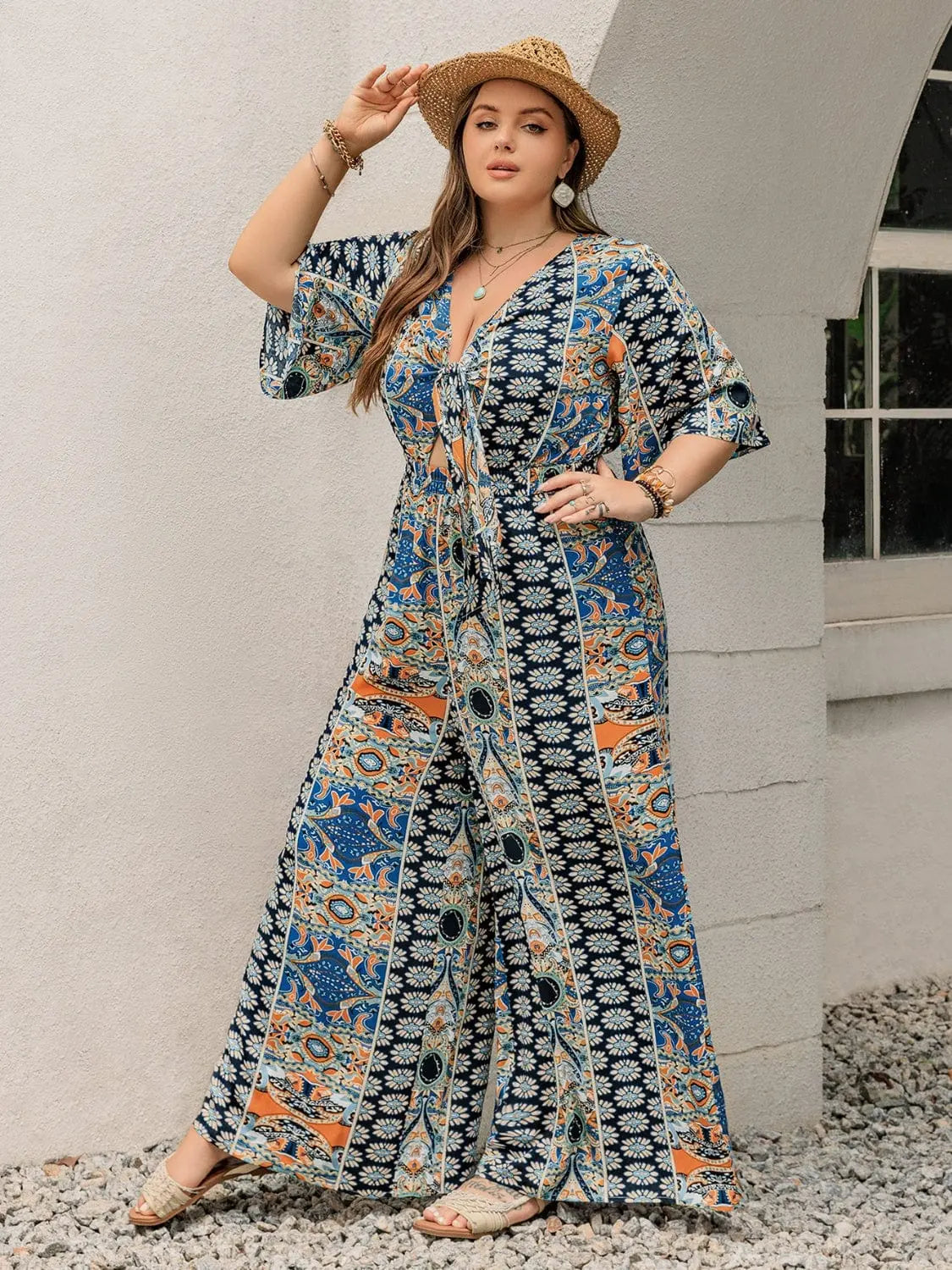 Trendsi Jumpsuits Plus Size Printed Half Sleeve Wide Leg Jumpsuit Plus Size Printed Half Sleeve Wide Leg Jumpsuit