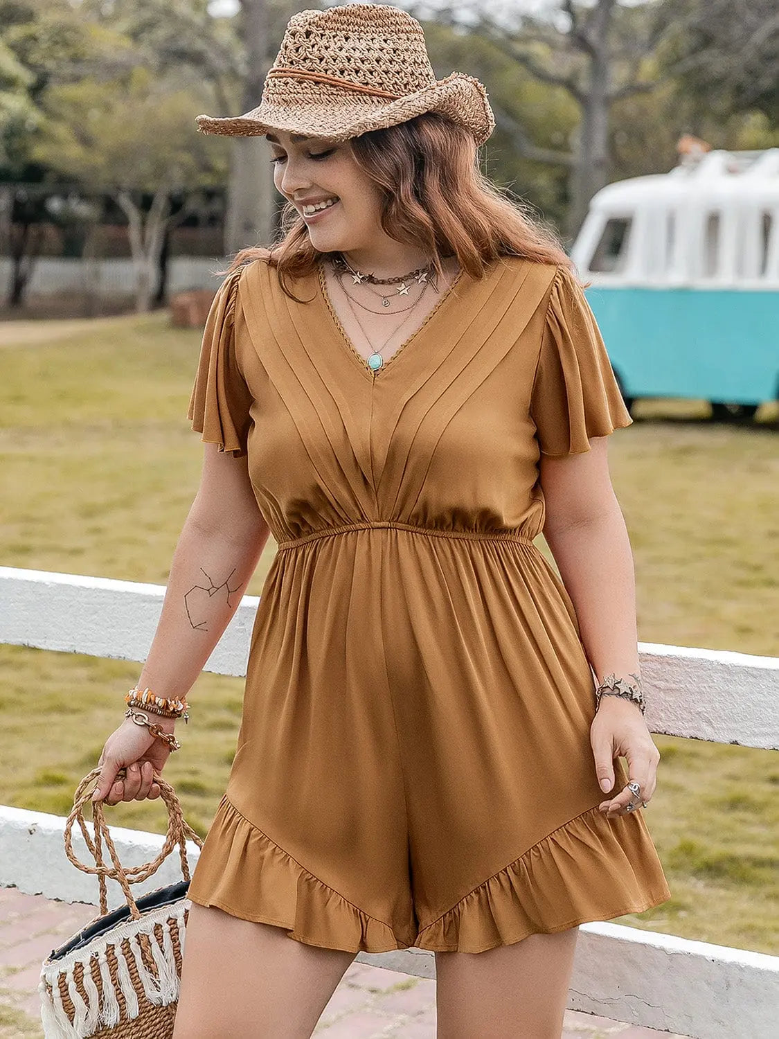 Trendsi Jumpsuits Plus Size Ruffled V-Neck Short Sleeve Romper Plus Size Ruffled V-Neck Short Sleeve Romper