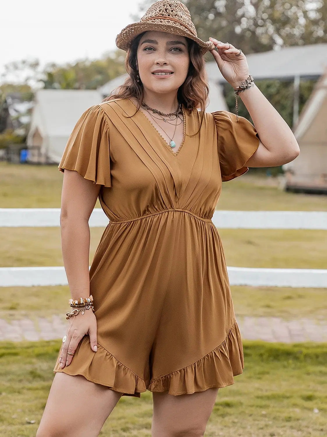 Trendsi Jumpsuits Plus Size Ruffled V-Neck Short Sleeve Romper Plus Size Ruffled V-Neck Short Sleeve Romper