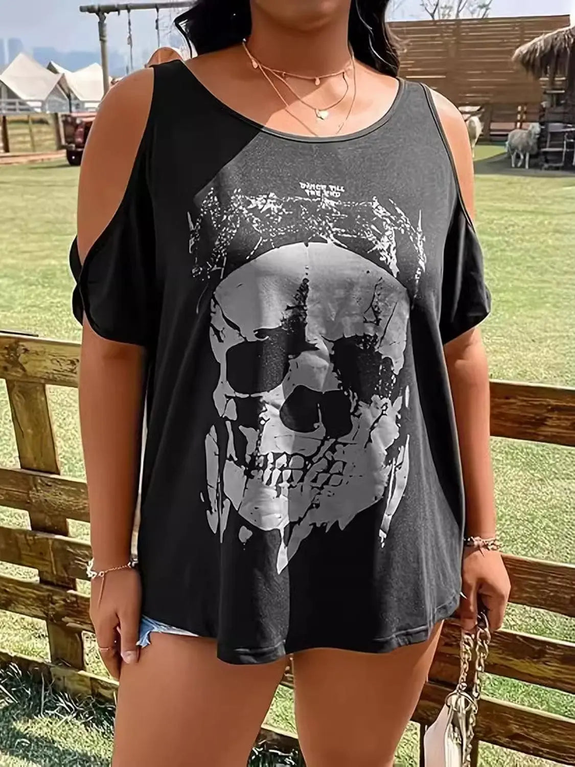 Trendsi Swimwear Black / 1XL Plus Size Skeleton Graphic Round Neck Cold Shoulder T-Shirt Plus Size Skeleton Graphic Round Neck Cold Shoulder T-Shirt