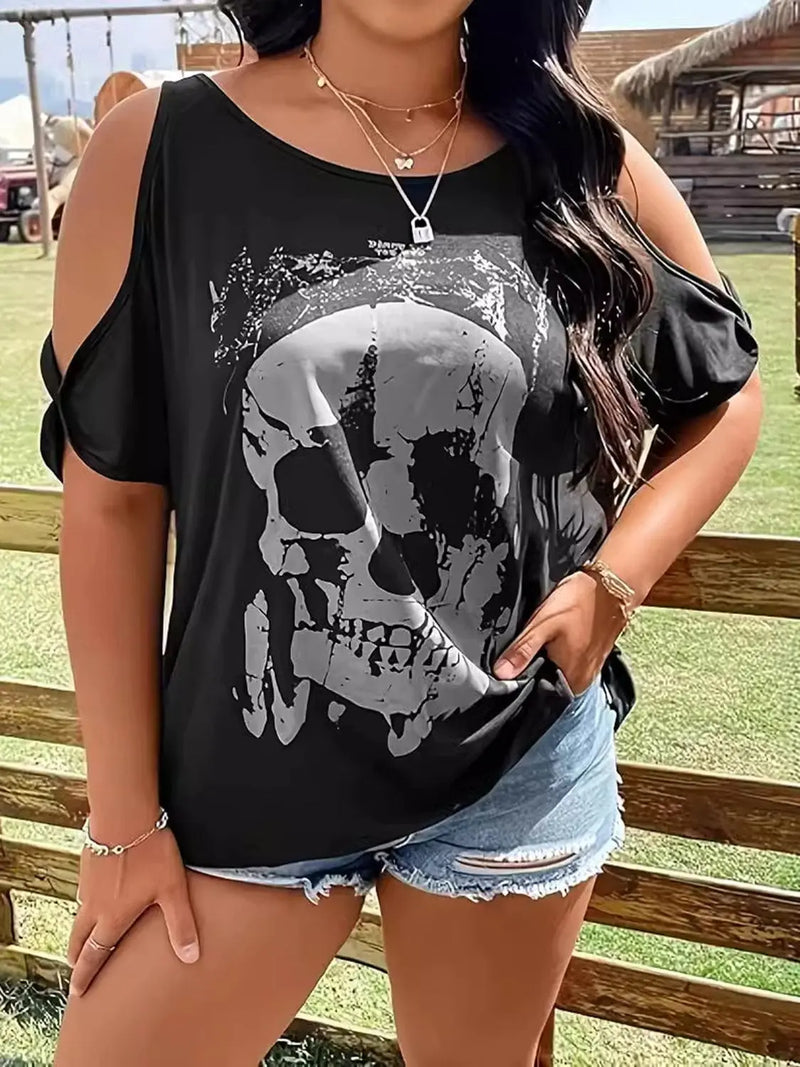 Trendsi Swimwear Plus Size Skeleton Graphic Round Neck Cold Shoulder T-Shirt Plus Size Skeleton Graphic Round Neck Cold Shoulder T-Shirt