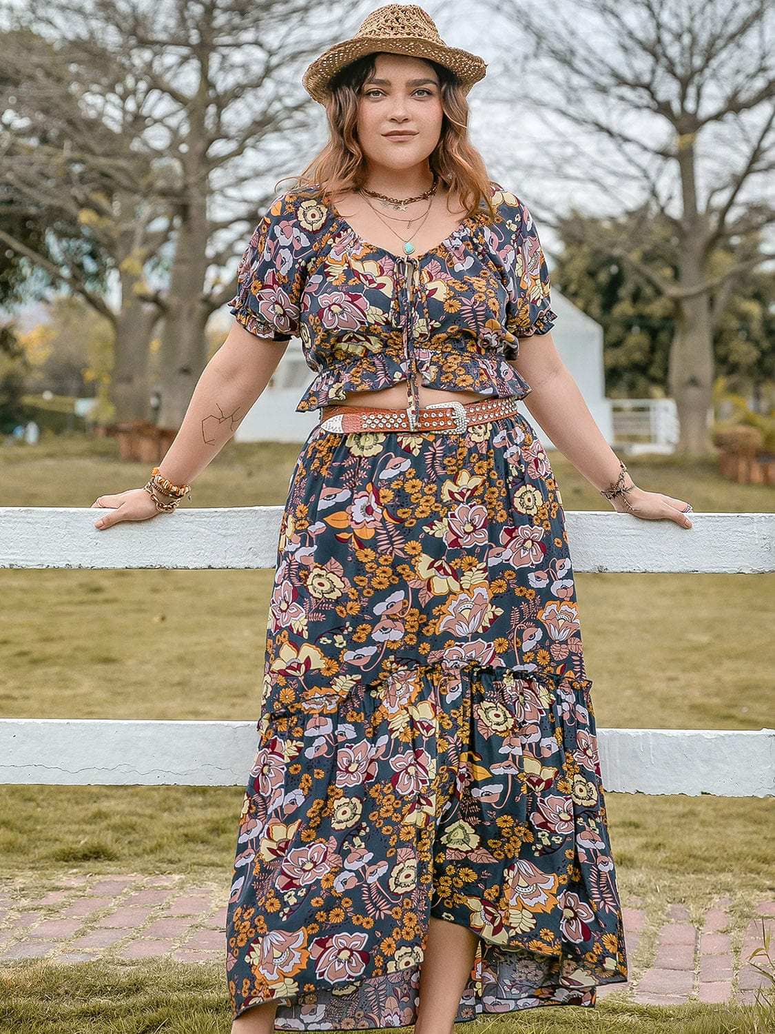 Trendsi Dresses Plus Size Tie Neck Short Sleeve Top and Skirt Set Plus Size Tie Neck Short Sleeve Top and Skirt Set