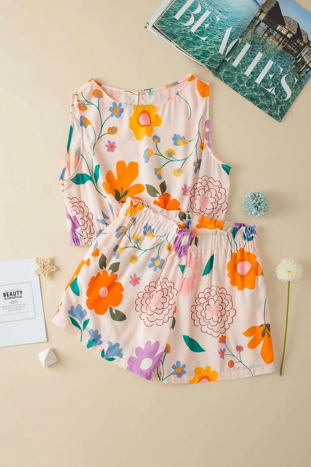 Trendsi Jumpsuits Printed Round Neck Sleeveless Top and Shorts Set Trendy Sleeveless Top & Shorts Set
