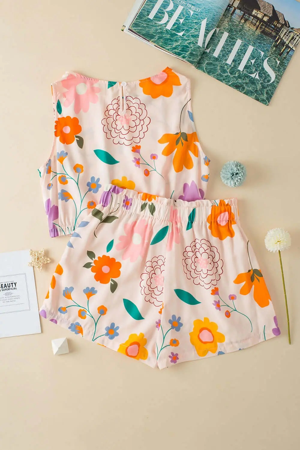 Trendsi Jumpsuits Printed Round Neck Sleeveless Top and Shorts Set Trendy Sleeveless Top & Shorts Set
