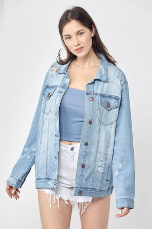 Trendsi Jackets Light / S RISEN Full Size Distressed Long Sleeve Denim Jacket Plus Size RISEN Full Size Distressed Long Sleeve Denim Jacket Plus Size