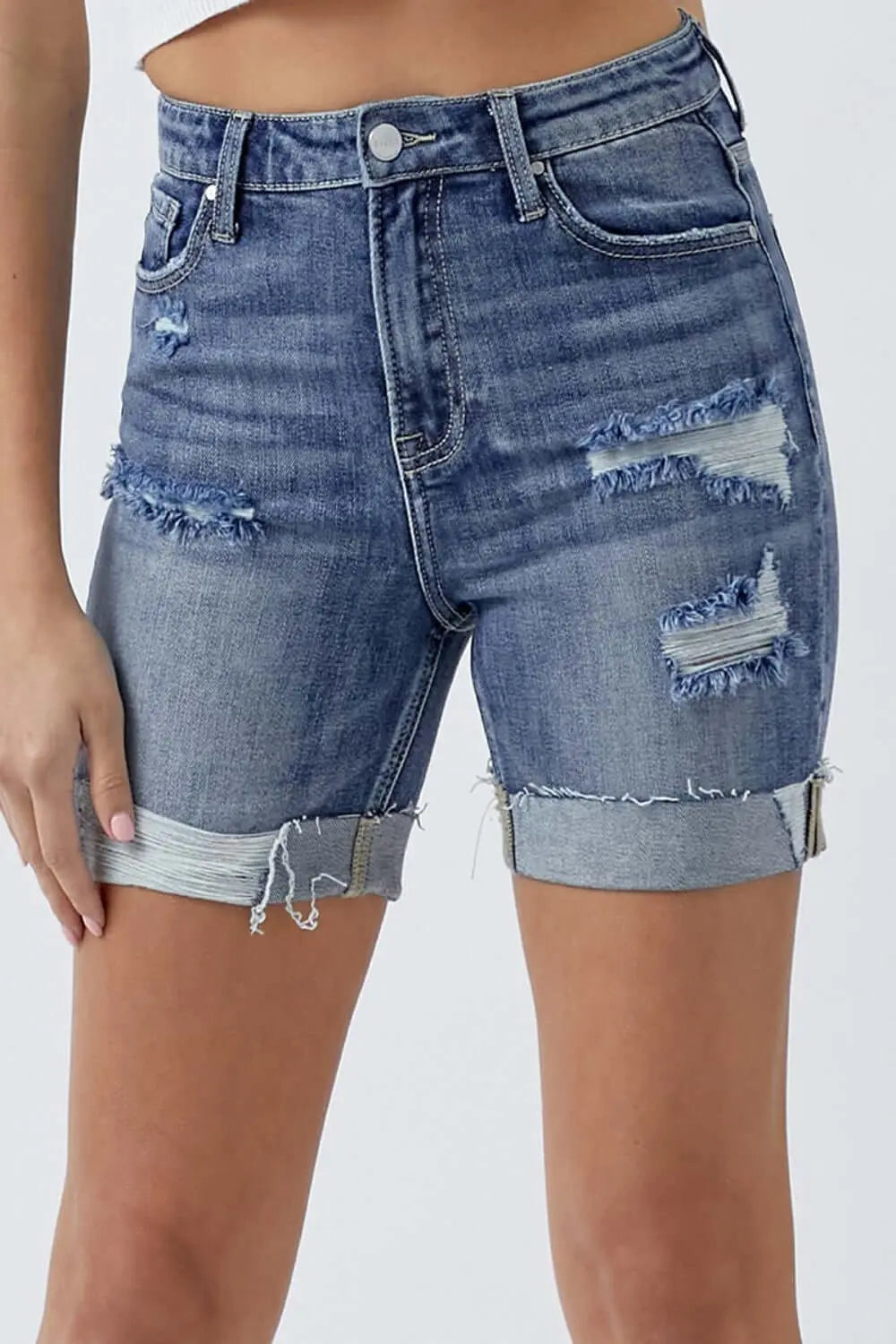 Trendsi Risen shorts Medium / S RISEN Full Size Distressed Rolled Denim Shorts with Pockets RISEN Distressed Rolled Denim Shorts with Pockets