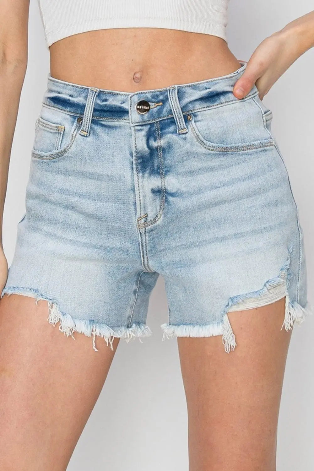 Trendsi Shorts LIGHT / S RISEN Full Size High Waist Frayed Detail Denim Shorts RISEN Full Size High Waist Frayed Detail Denim Shorts