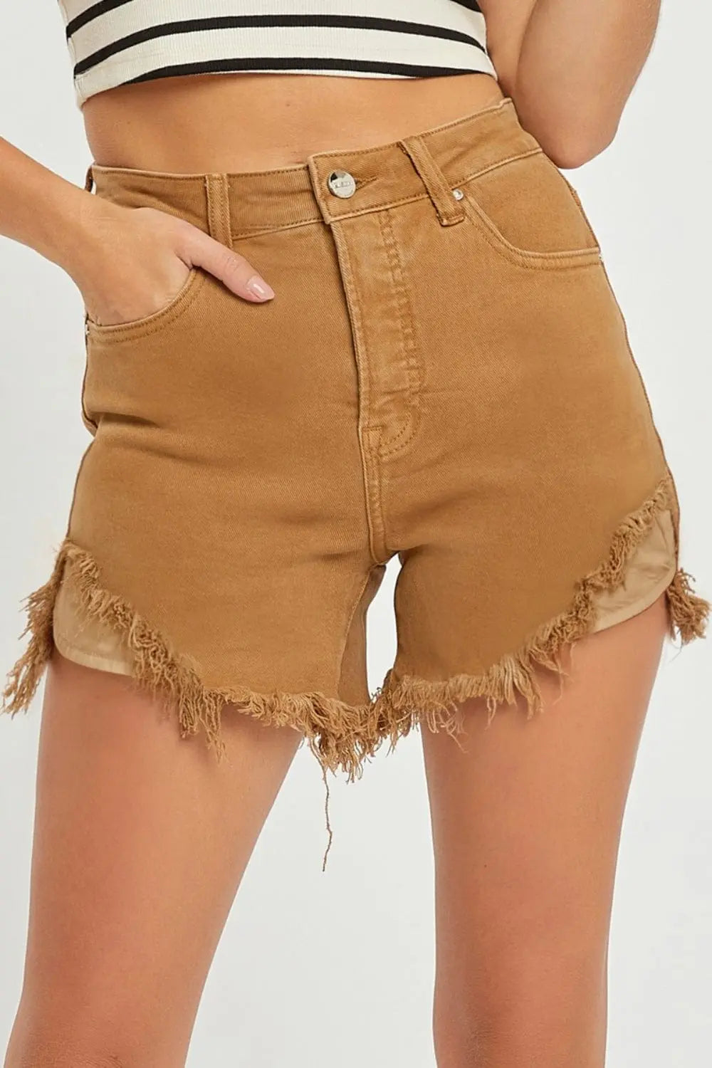 Trendsi shorts Mocha / S RISEN High Waist Frayed Hem Denim Shorts RISEN High Waist Frayed Hem Denim Shorts