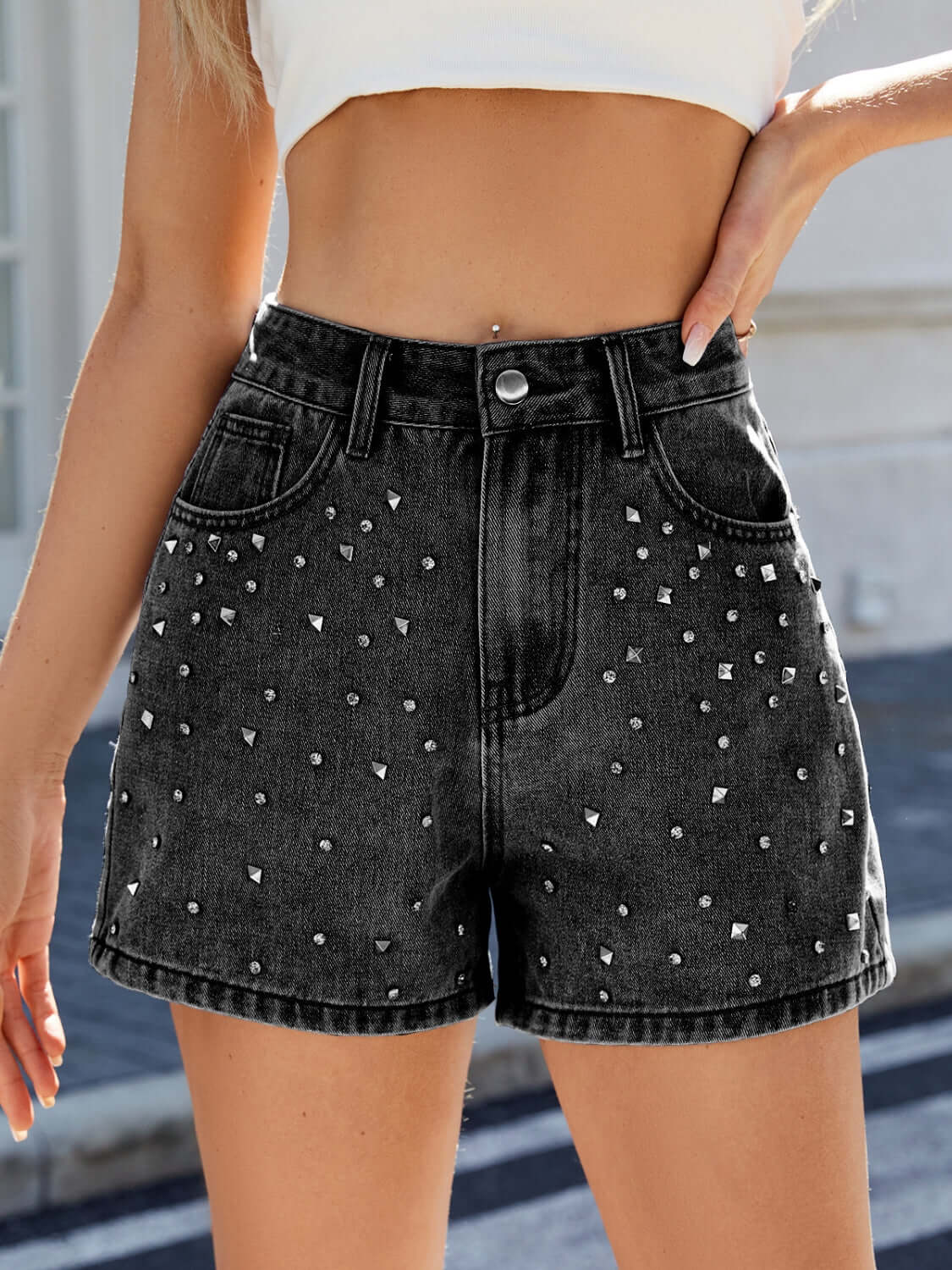 Trendsi shorts Black / S Rhinestone Washed High Waist Denim Shorts Rhinestone Washed High Waist Denim Shorts