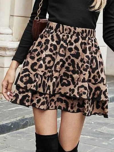 Trendsi Dress Leopard / S Ruffled Leopard Elastic Waist Skirt Ruffled Leopard Elastic Waist Skirt