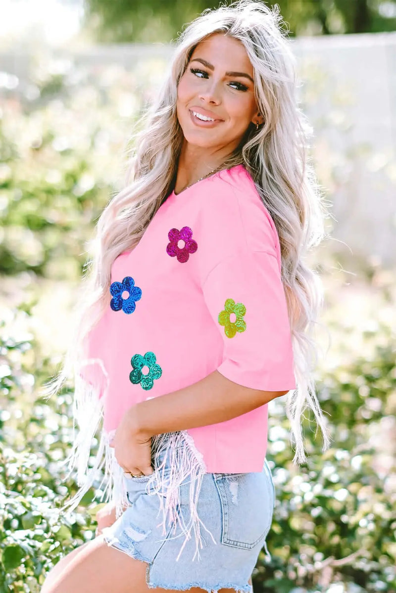 Trendsi Shirts and Blouse Sequin Flower Round Neck Half Sleeve T-Shirt Sequin Flower Round Neck Half Sleeve T-Shirt