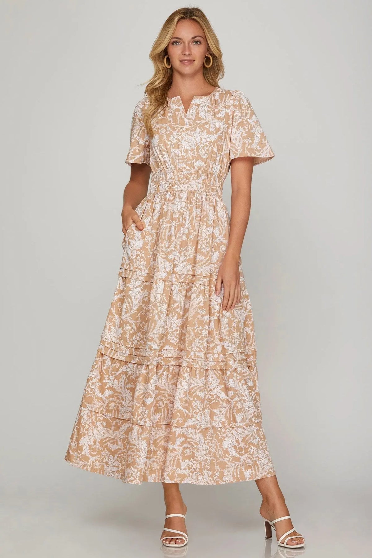 Trendsi Swimwear Apricot / S She + Sky Printed Notched Woven Tiered Pintuck Maxi Dress with Side Pockets She + Sky Printed Notched Woven Tiered Pintuck Maxi Dress with Side Pockets